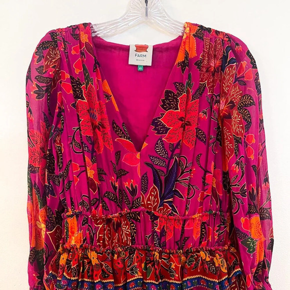 Farm Rio Colorful Pink Floral Tropical V Neck Tiered Long Sleeve Mini Dress XS - Picture 3 of 9